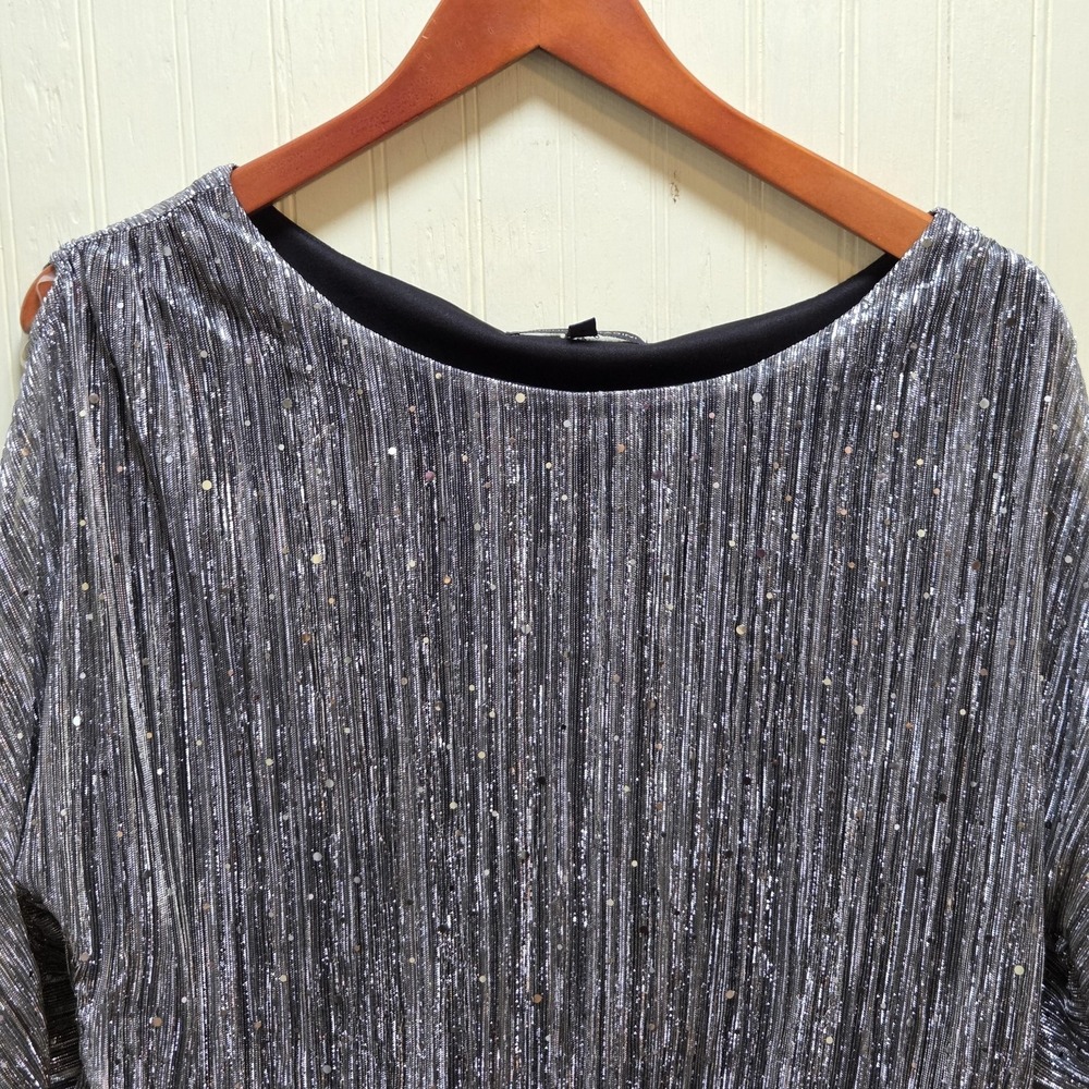 Adrienne Vittadini Blouse Womens XL Silver Metallic Stripe Sequin Dolman Top